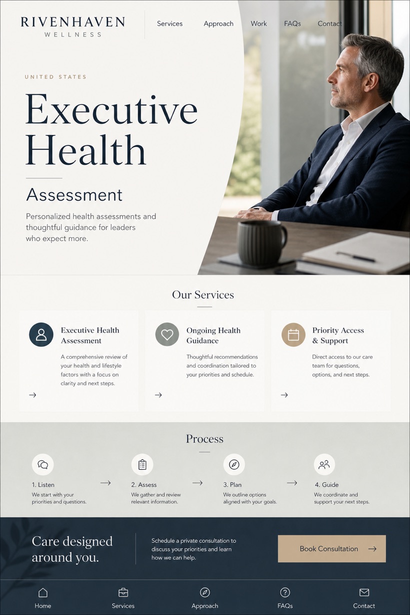 Healthcare website design for United States, showing a clear opening, service information, supporting content, and a focused inquiry action.
