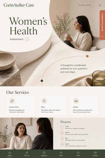 Healthcare website design for United States, showing a clear opening, service information, supporting content, and a focused inquiry action.