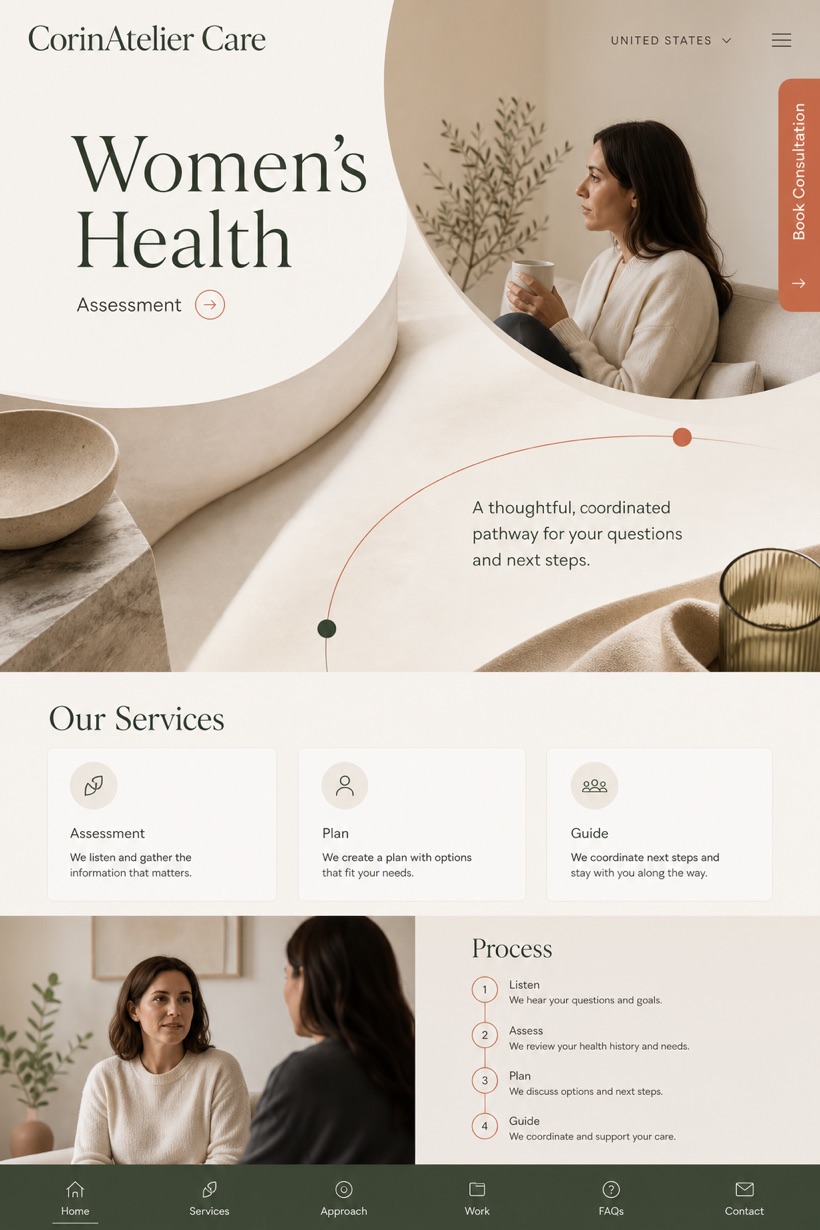 Healthcare website design for United States, showing a clear opening, service information, supporting content, and a focused inquiry action.