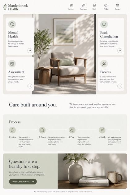 Healthcare website design for United States, showing a clear opening, service information, supporting content, and a focused inquiry action.