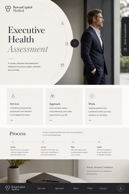 Healthcare website design for United States, showing a clear opening, service information, supporting content, and a focused inquiry action.