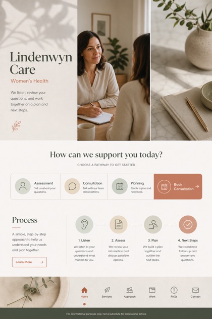 Healthcare website design for United States, showing a clear opening, service information, supporting content, and a focused inquiry action.