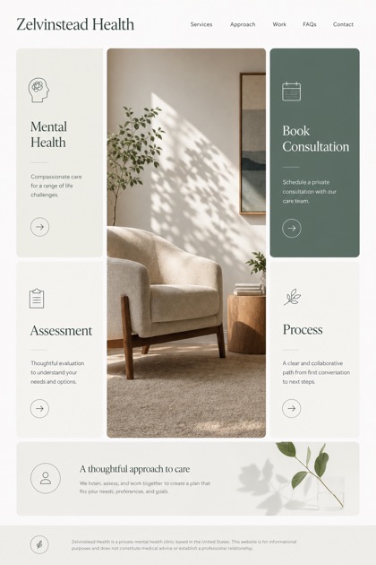 Healthcare website design for United States, showing a clear opening, service information, supporting content, and a focused inquiry action.