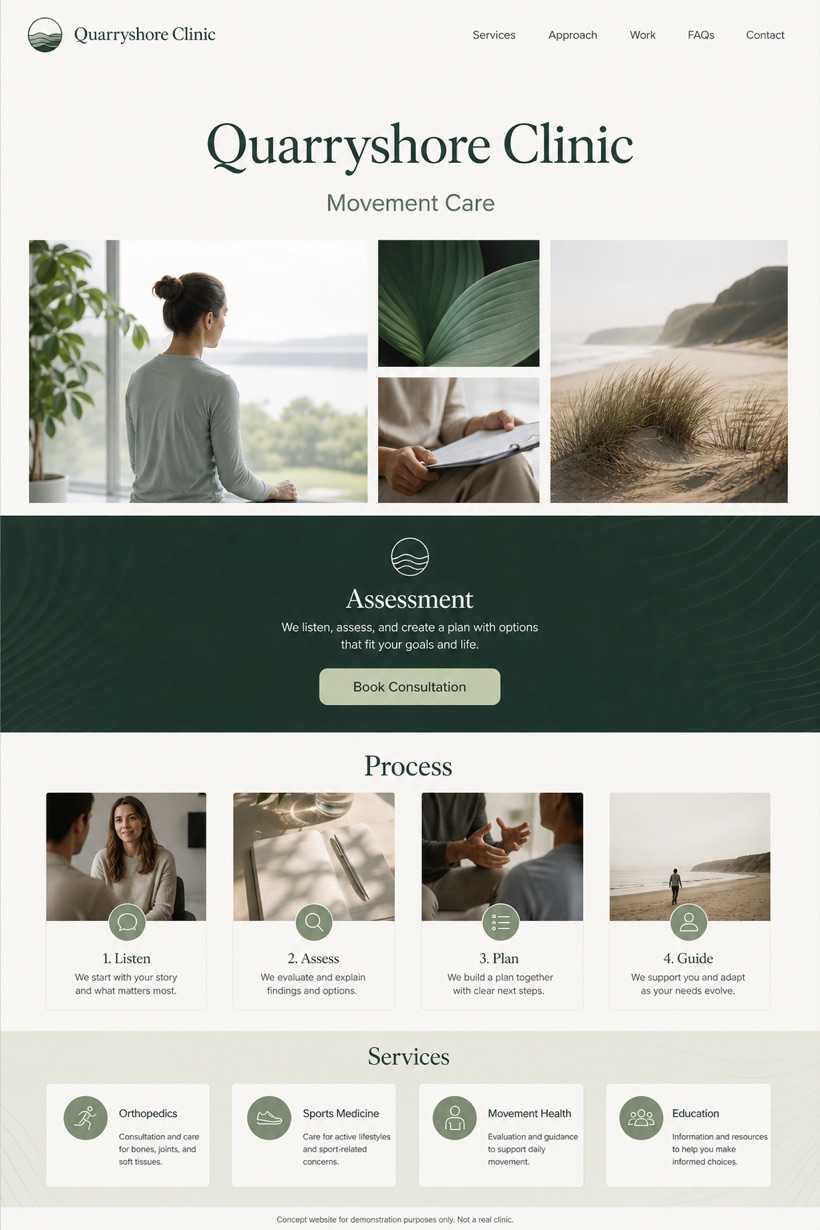 Healthcare website design for United States, showing a clear opening, service information, supporting content, and a focused inquiry action.