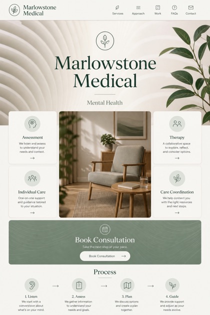 Healthcare website design for United States, showing a clear opening, service information, supporting content, and a focused inquiry action.