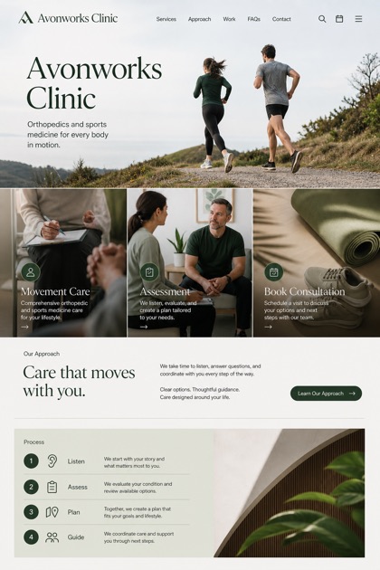 Healthcare website design for United States, showing a clear opening, service information, supporting content, and a focused inquiry action.