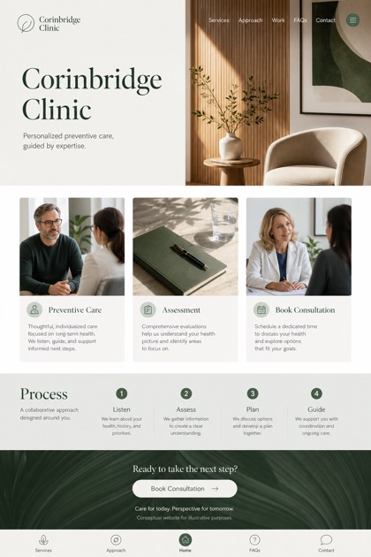 Healthcare website design for United States, showing a clear opening, service information, supporting content, and a focused inquiry action.