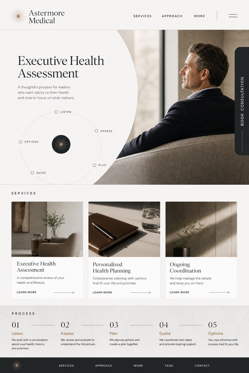 Healthcare website design for United States, showing a clear opening, service information, supporting content, and a focused inquiry action.