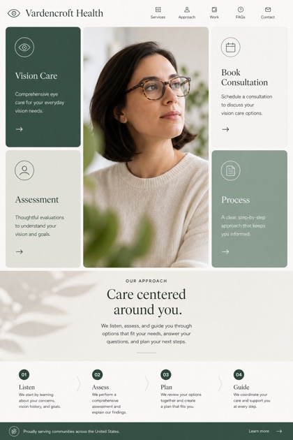 Healthcare website design for United States, showing a clear opening, service information, supporting content, and a focused inquiry action.