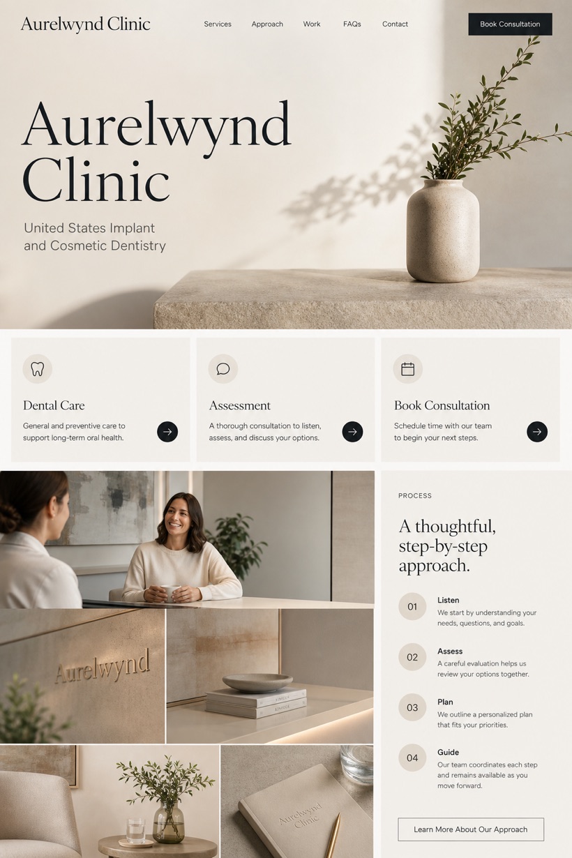 Healthcare website design for United States, showing a clear opening, service information, supporting content, and a focused inquiry action.