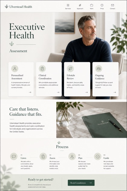 Healthcare website design for United States, showing a clear opening, service information, supporting content, and a focused inquiry action.