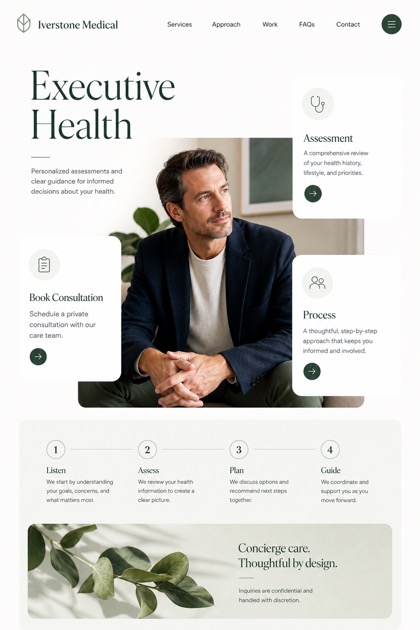 Healthcare website design for United States, showing a clear opening, service information, supporting content, and a focused inquiry action.