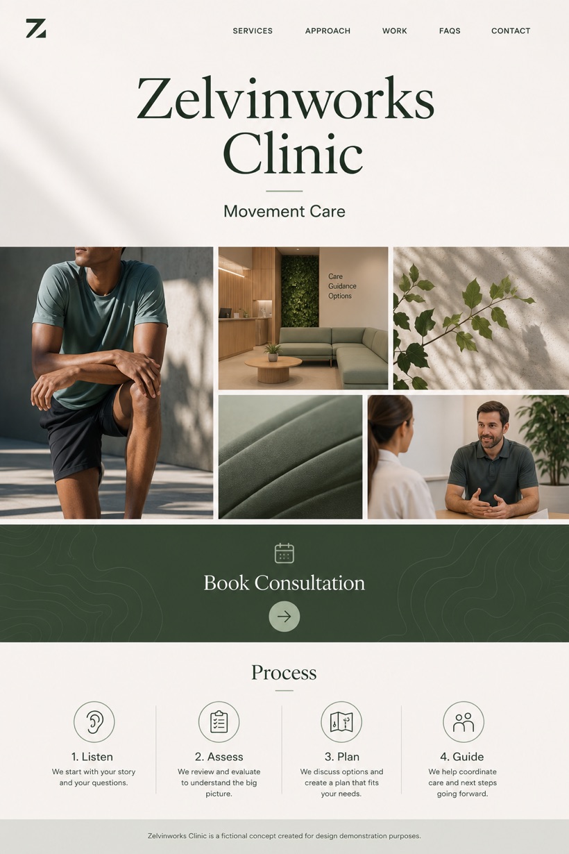 Healthcare website design for United States, showing a clear opening, service information, supporting content, and a focused inquiry action.
