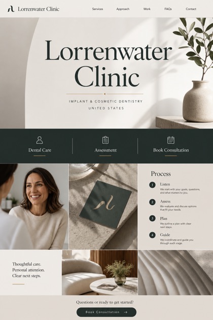 Healthcare website design for United States, showing a clear opening, service information, supporting content, and a focused inquiry action.