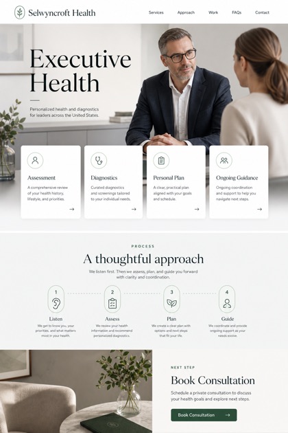 Healthcare website design for United States, showing a clear opening, service information, supporting content, and a focused inquiry action.