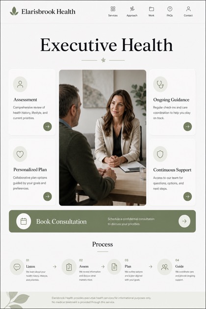 Healthcare website design for United States, showing a clear opening, service information, supporting content, and a focused inquiry action.