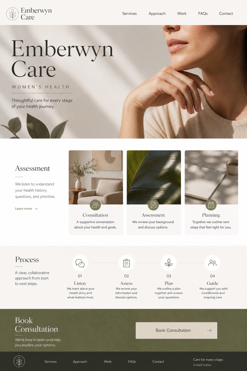 Healthcare website design for United States, showing a clear opening, service information, supporting content, and a focused inquiry action.