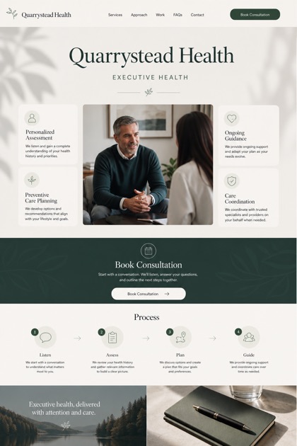 Healthcare website design for United States, showing a clear opening, service information, supporting content, and a focused inquiry action.