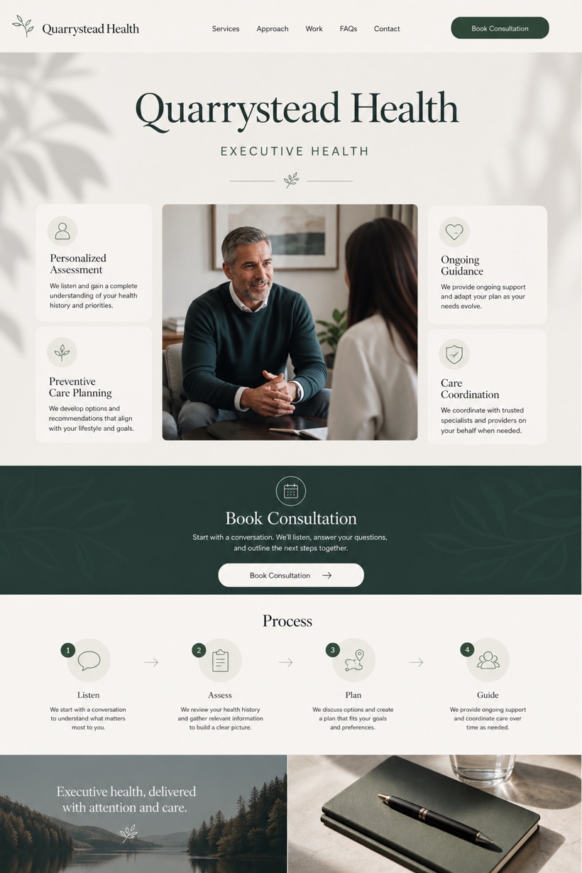 Healthcare website design for United States, showing a clear opening, service information, supporting content, and a focused inquiry action.