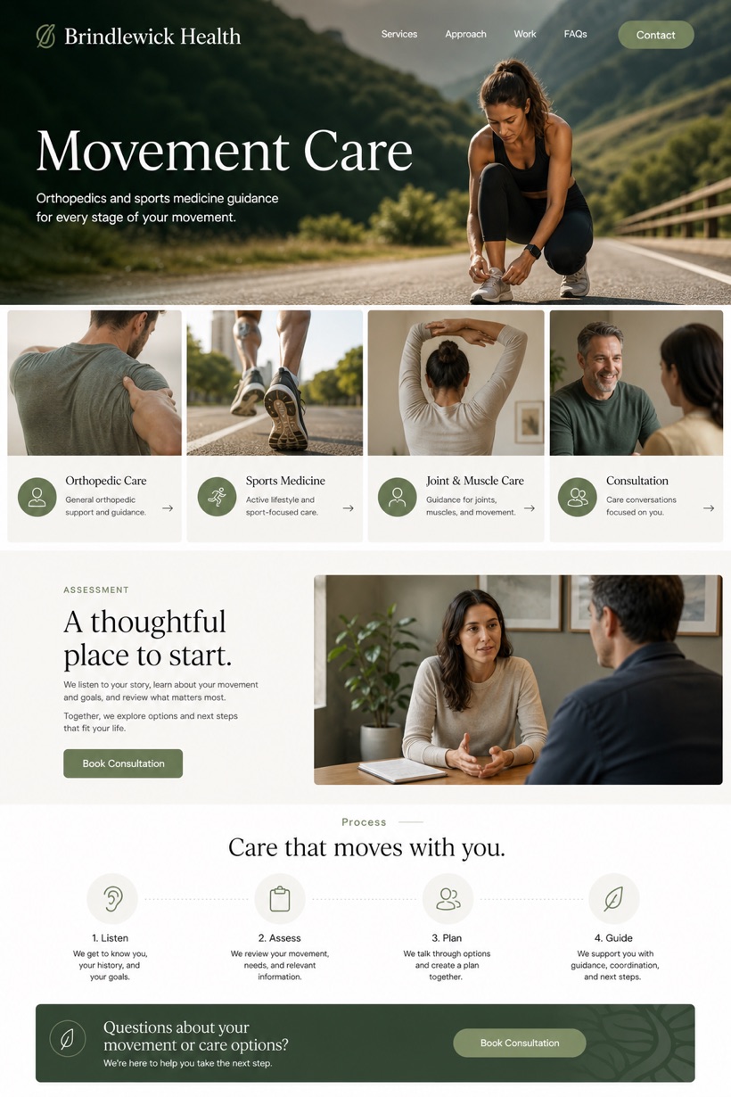 Healthcare website design for United States, showing a clear opening, service information, supporting content, and a focused inquiry action.
