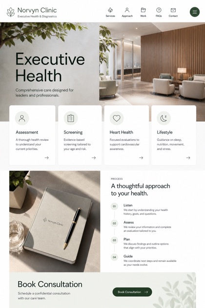 Healthcare website design for United States, showing a clear opening, service information, supporting content, and a focused inquiry action.