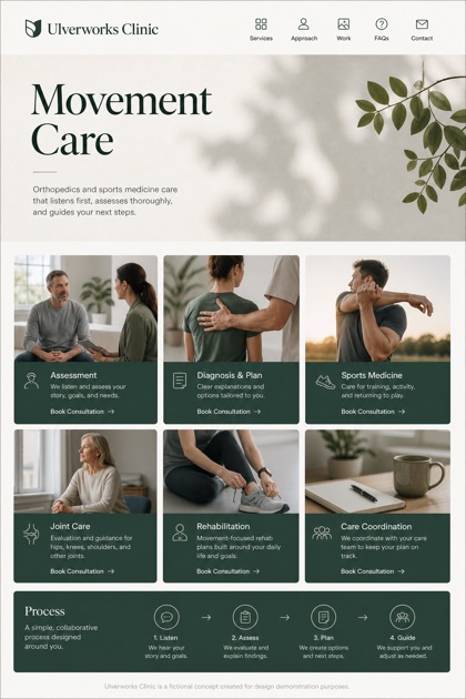 Healthcare website design for United States, showing a clear opening, service information, supporting content, and a focused inquiry action.