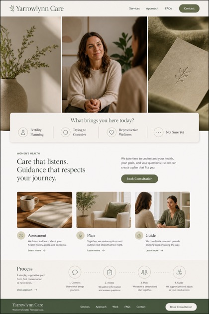 Healthcare website design for United States, showing a clear opening, service information, supporting content, and a focused inquiry action.
