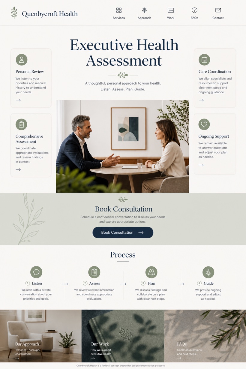 Healthcare website design for United States, showing a clear opening, service information, supporting content, and a focused inquiry action.