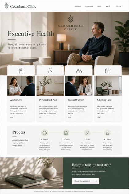 Healthcare website design for United States, showing a clear opening, service information, supporting content, and a focused inquiry action.