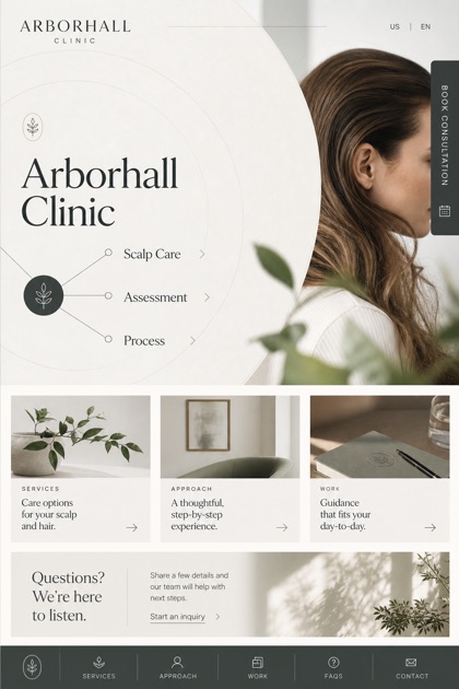 Healthcare website design for United States, showing a clear opening, service information, supporting content, and a focused inquiry action.