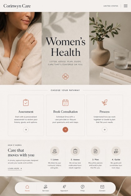 Healthcare website design for United States, showing a clear opening, service information, supporting content, and a focused inquiry action.