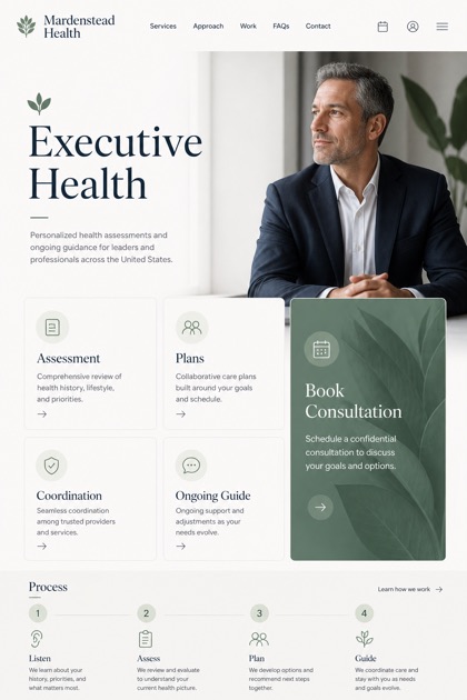 Healthcare website design for United States, showing a clear opening, service information, supporting content, and a focused inquiry action.