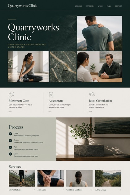 Healthcare website design for United States, showing a clear opening, service information, supporting content, and a focused inquiry action.