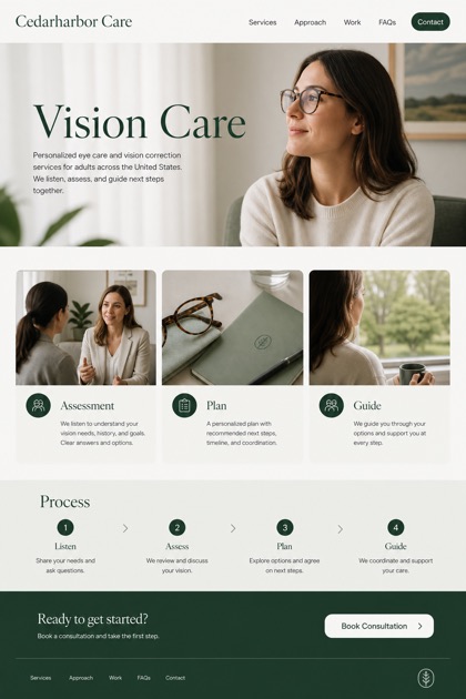 Healthcare website design for United States, showing a clear opening, service information, supporting content, and a focused inquiry action.