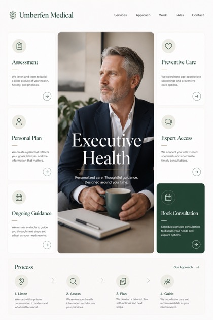 Healthcare website design for United States, showing a clear opening, service information, supporting content, and a focused inquiry action.