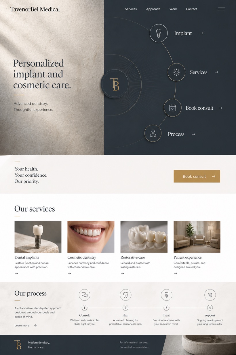 Healthcare website design for United States, showing a clear opening, service information, supporting content, and a focused inquiry action.
