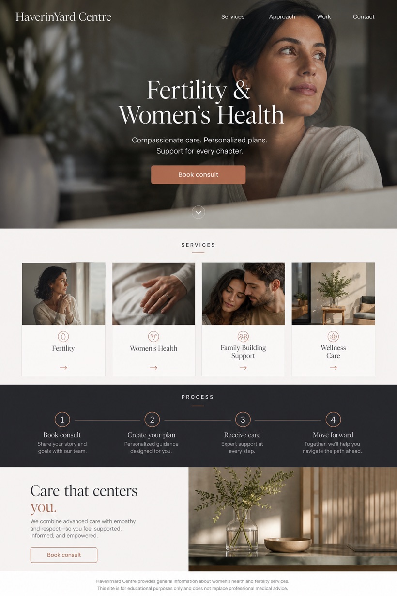 Healthcare website design for United States, showing a clear opening, service information, supporting content, and a focused inquiry action.
