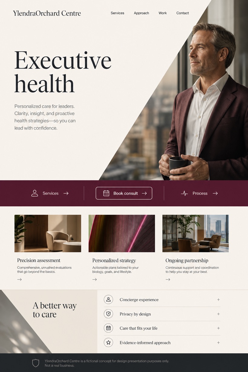 Healthcare website design for United States, showing a clear opening, service information, supporting content, and a focused inquiry action.