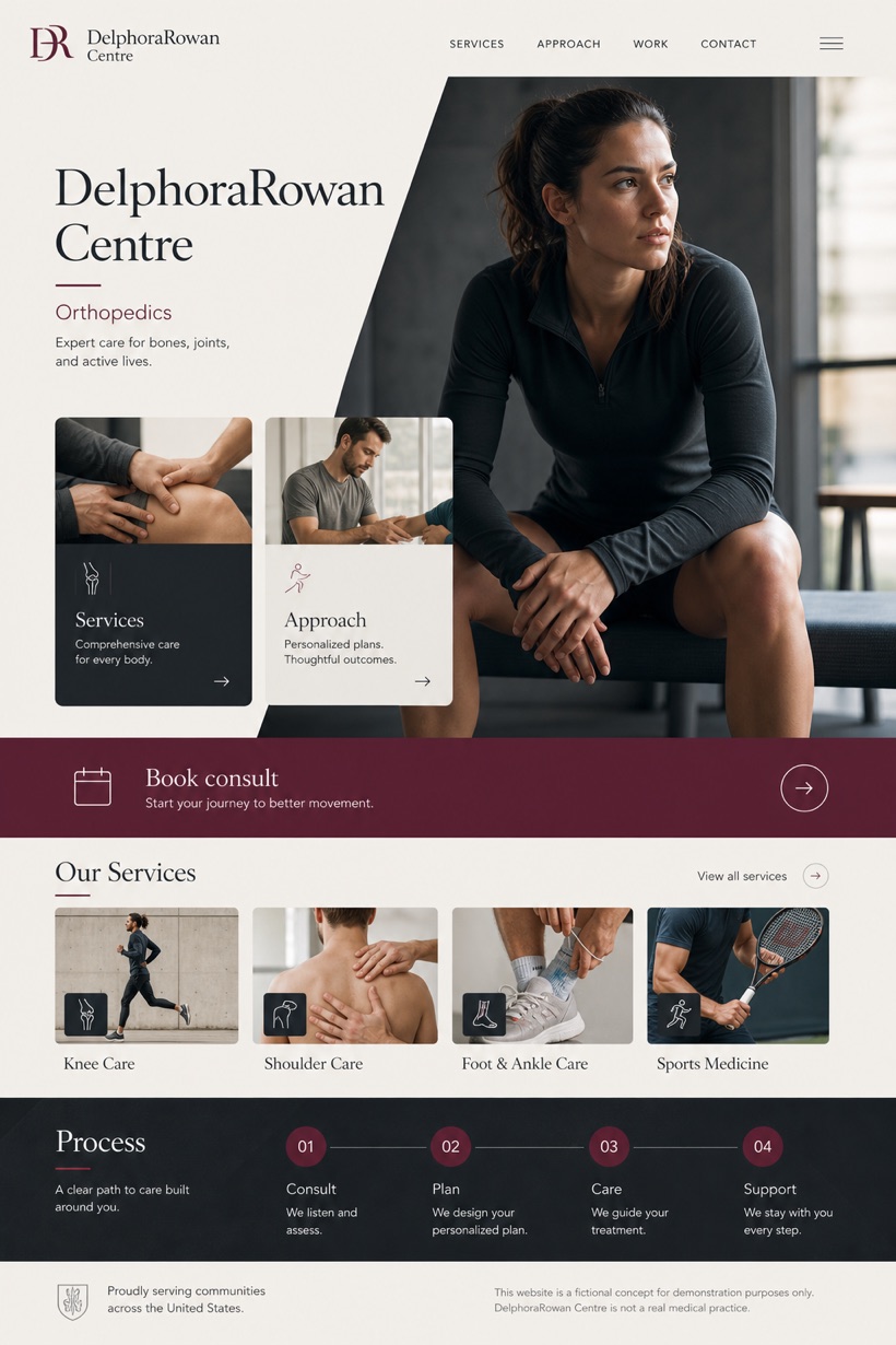 Healthcare website design for United States, showing a clear opening, service information, supporting content, and a focused inquiry action.