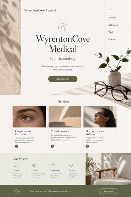 Healthcare website design for United States, showing a clear opening, service information, supporting content, and a focused inquiry action.