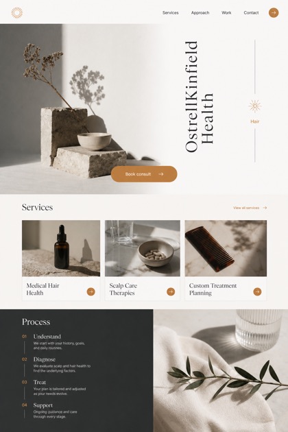 Healthcare website design for United States, showing a clear opening, service information, supporting content, and a focused inquiry action.
