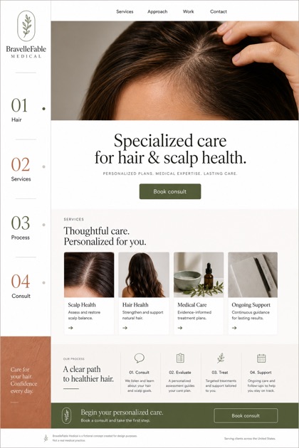 Healthcare website design for United States, showing a clear opening, service information, supporting content, and a focused inquiry action.