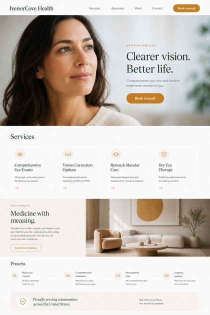 Healthcare website design for United States, showing a clear opening, service information, supporting content, and a focused inquiry action.
