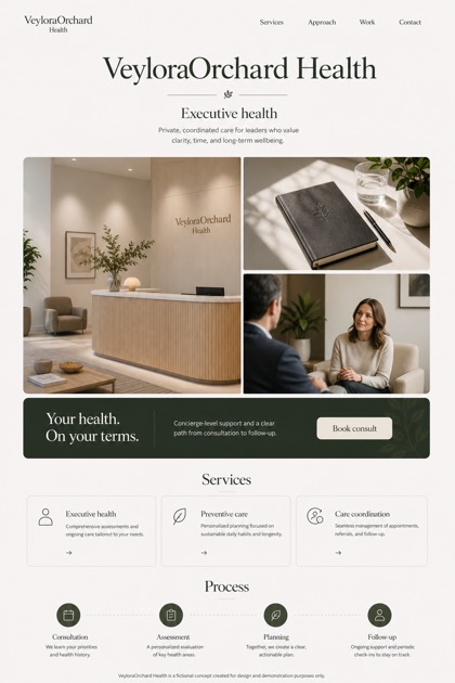 Healthcare website design for United States, showing a clear opening, service information, supporting content, and a focused inquiry action.