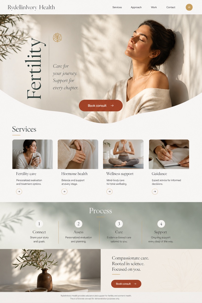 Healthcare website design for United States, showing a clear opening, service information, supporting content, and a focused inquiry action.