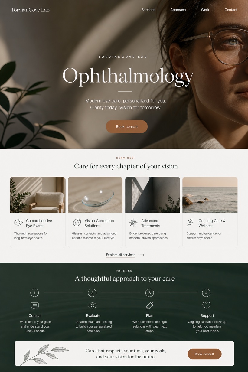 Healthcare website design for United States, showing a clear opening, service information, supporting content, and a focused inquiry action.