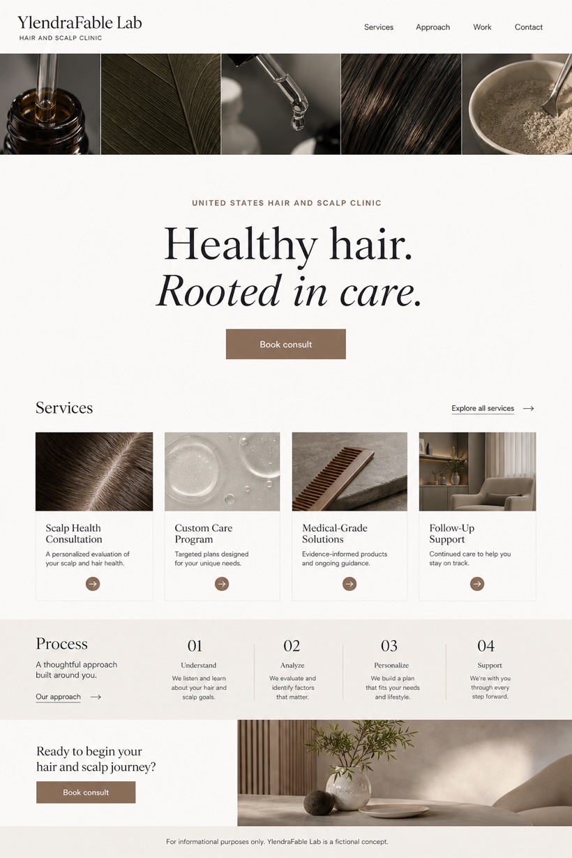 Healthcare website design for United States, showing a clear opening, service information, supporting content, and a focused inquiry action.