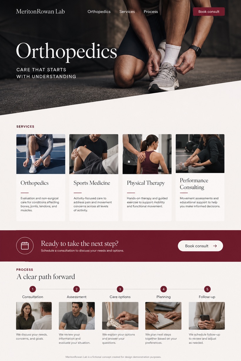 Healthcare website design for United States, showing a clear opening, service information, supporting content, and a focused inquiry action.