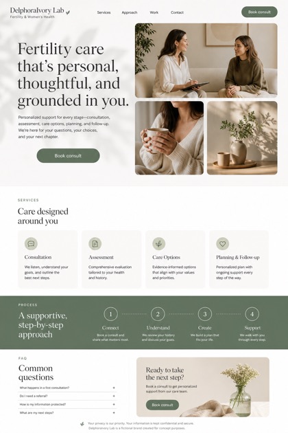 Healthcare website design for United States, showing a clear opening, service information, supporting content, and a focused inquiry action.