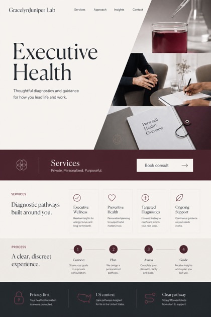 Healthcare website design for United States, showing a clear opening, service information, supporting content, and a focused inquiry action.